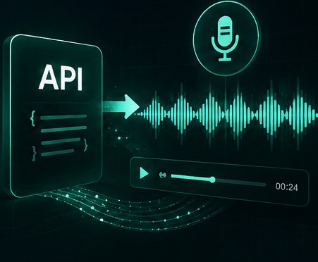 An API request on the left and the audio it produced on the right, drawn as a waveform with a player under it