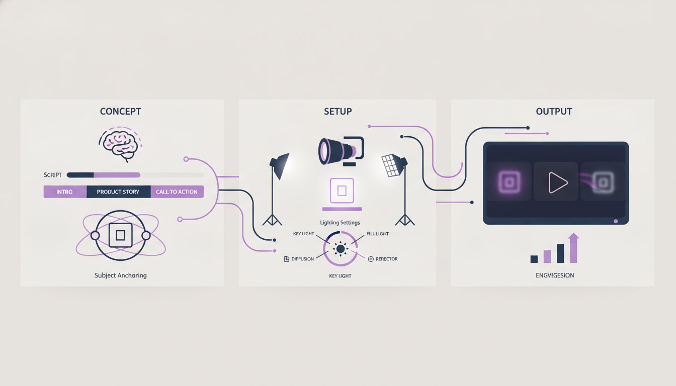 Visueller Schritt-für-Schritt-Workflow, um Kamera-Beats und Produktanker zu setzen.