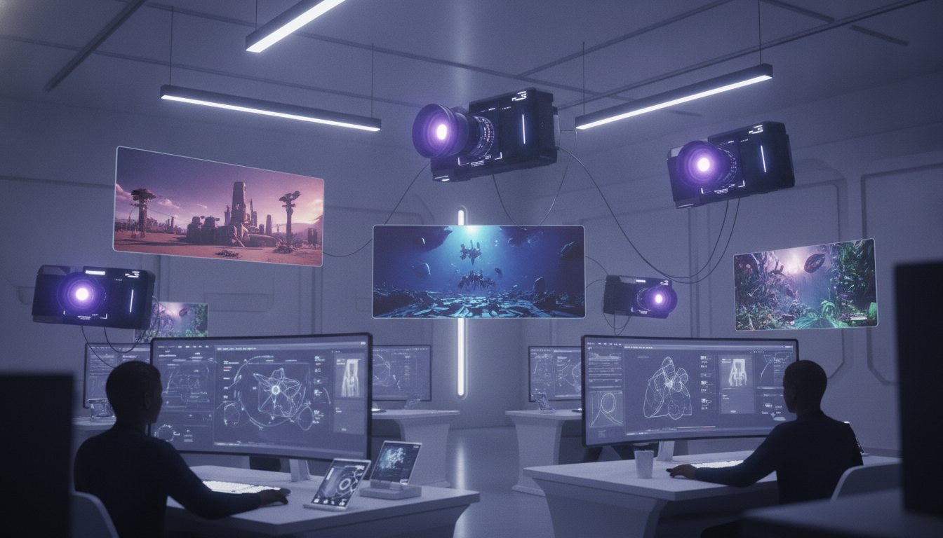 Futuristic digital workspace illustrating AI video generation and video prompts