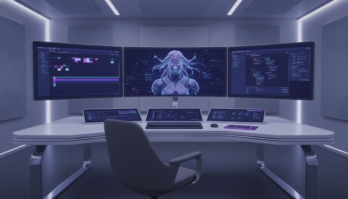 A digital studio interface displaying AI avatar creation and video rendering workflows