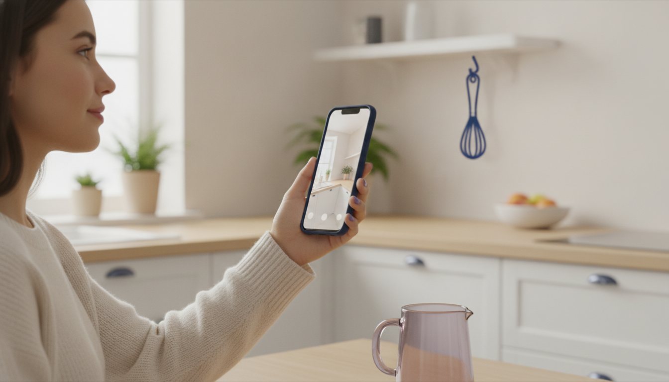 Woman recording a vertical UGC video in a bright kitchen
