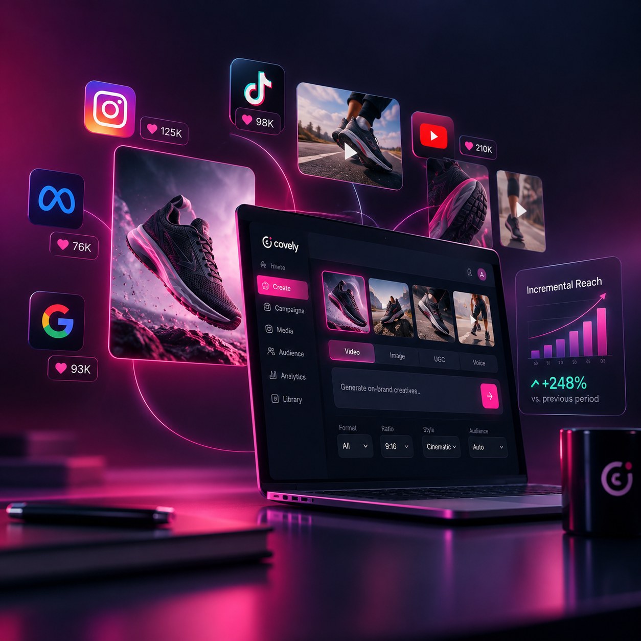 Ein Laptop mit Covely an einer Sneaker-Kampagne: ein Prompt-Feld über einer Reihe generierter Anzeigen, die Marken von Instagram, TikTok, YouTube, Meta und Google mit je einer Like-Zahl neben dem für sie gemachten Schnitt, und ein Panel mit Beispielzahlen zur inkrementellen Reichweite