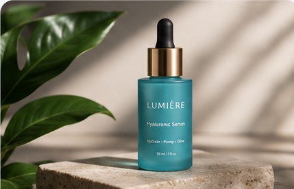 A teal serum bottle with a pipette lid on a stone plinth, a monstera leaf behind it