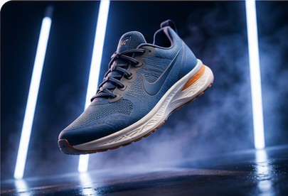 A running shoe suspended mid-air in a dark studio between two vertical strip lights