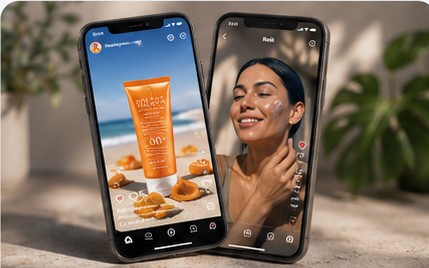 Two phones side by side: a sunscreen post in a feed on one, a creator applying it in a story on the other