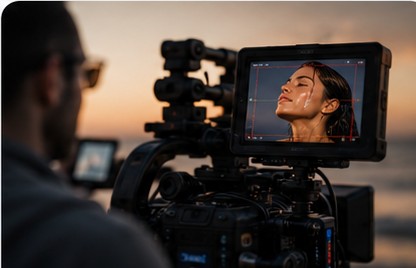 Over a camera operator's shoulder at sunset: the monitor holds a woman's face in frame