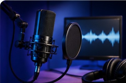 A condenser microphone and pop shield in blue light, a voice waveform on the screen behind