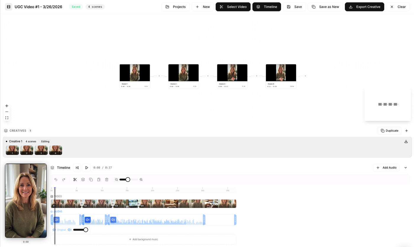 Der Covely-Editor mit einer Timeline aus vier Szenen und einer Audiospur