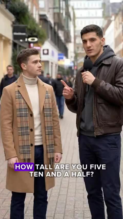 Generated street interview between two men, with burned-in captions