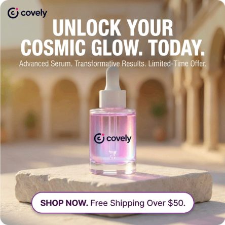 Une publicité carrée pour un sérum sur un socle de pierre, titrée Unlock your cosmic glow