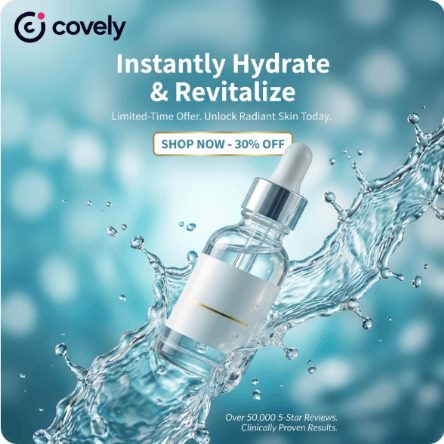 Une publicité carrée pour un sérum dans une éclaboussure d'eau, titrée Instantly hydrate and revitalize