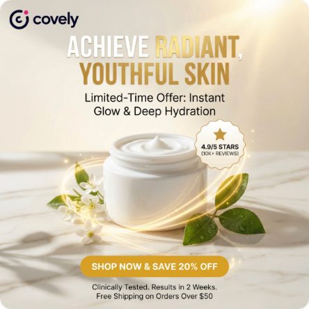 Une publicité carrée pour une crème visage en lumière dorée, titrée Achieve radiant, youthful skin