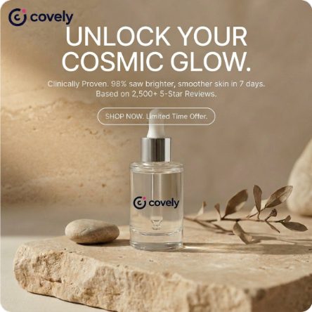 Une publicité carrée pour un sérum sur du travertin, à côté d'une branche séchée