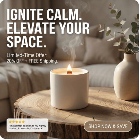Une publicité carrée pour une bougie sur une table en bois, titrée Ignite calm, elevate your space