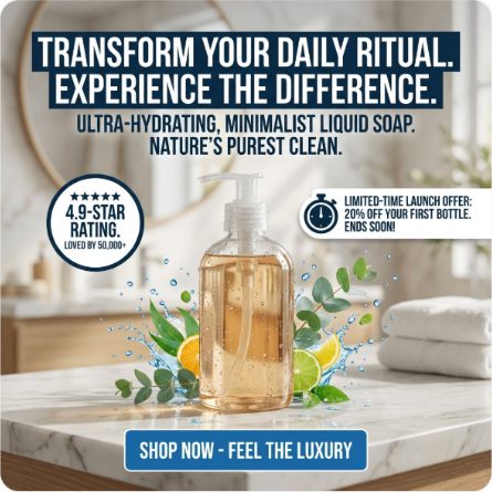 Une publicité carrée pour un savon liquide parmi des agrumes et de l'eucalyptus, titrée Transform your daily ritual