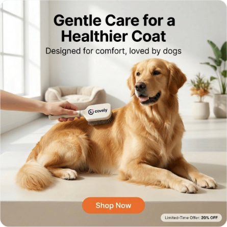 Une publicité carrée pour une brosse à animaux, un golden retriever brossé sur un sol de cuisine
