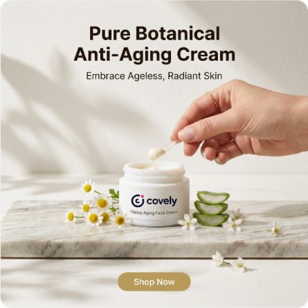 Une publicité carrée pour une crème anti-âge sur du marbre avec des fleurs de camomille