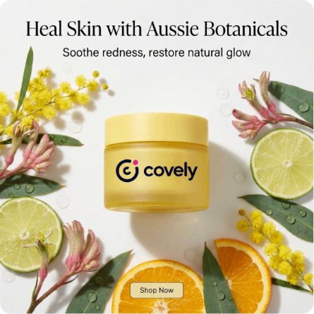 Une publicité carrée pour une crème de soin entourée d'agrumes et de fleurs locales