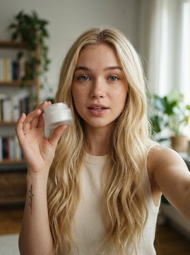 The same digital twin, holding the product up in a creator-style ad